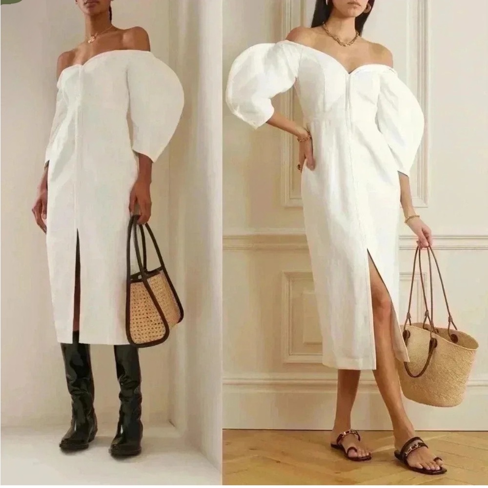 Mara Hoffman White Off-Shoulder Puff-Sleeve Midi Dress